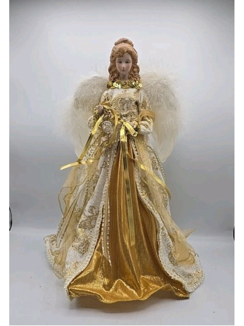 Christmas Holiday Magical Angel Tree Topper Table Decor Golden Pearl Details 16"